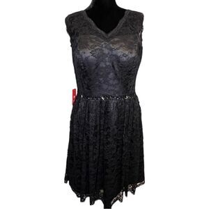 NWT JJs House Black Lace Floral Overlay V-Neck Sleeveless Beaded A-Line Dress 14